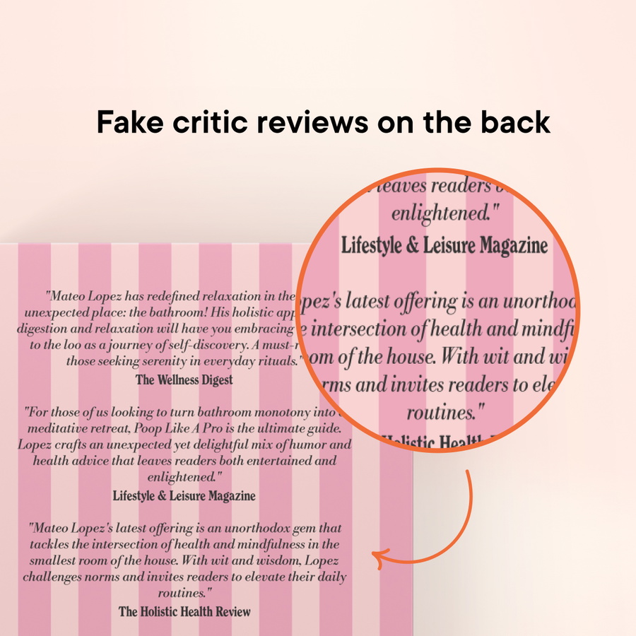 The book contains raving made-up reviews