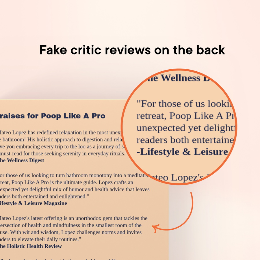 The book contains raving made-up reviews
