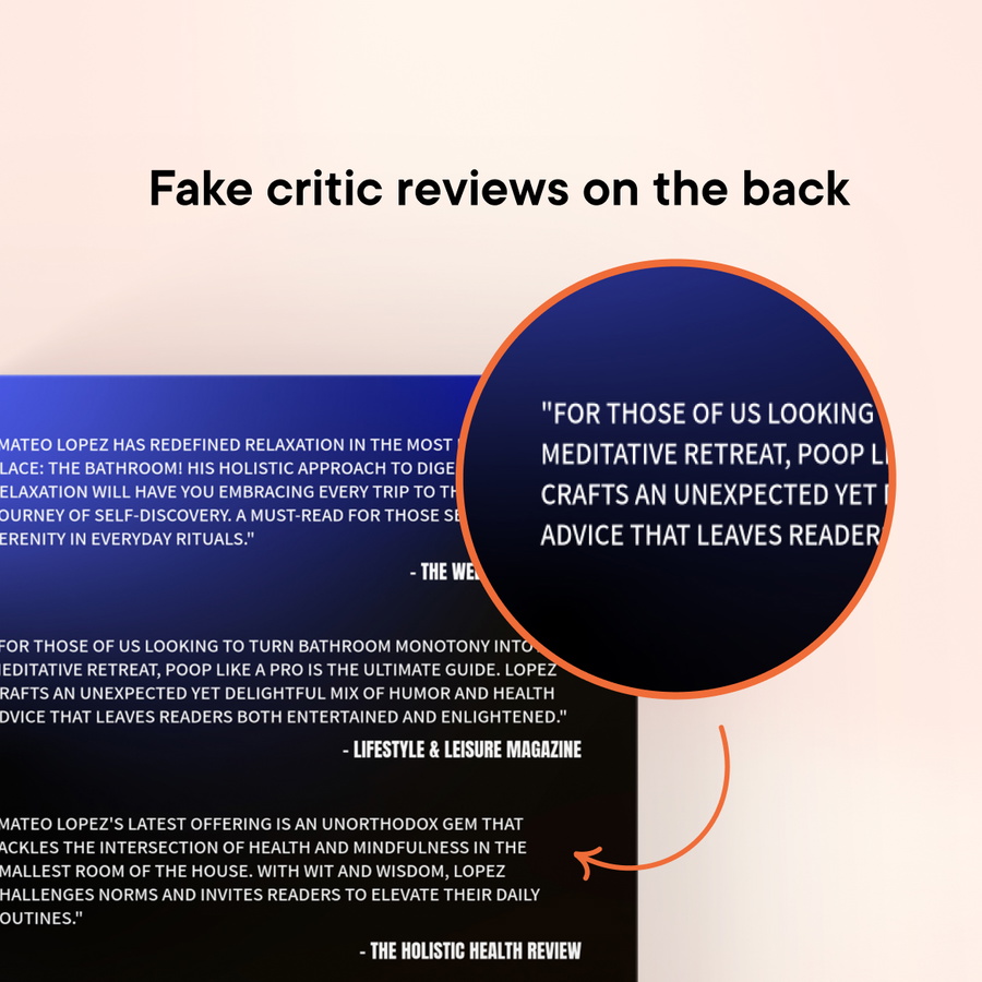 The book contains raving made-up reviews