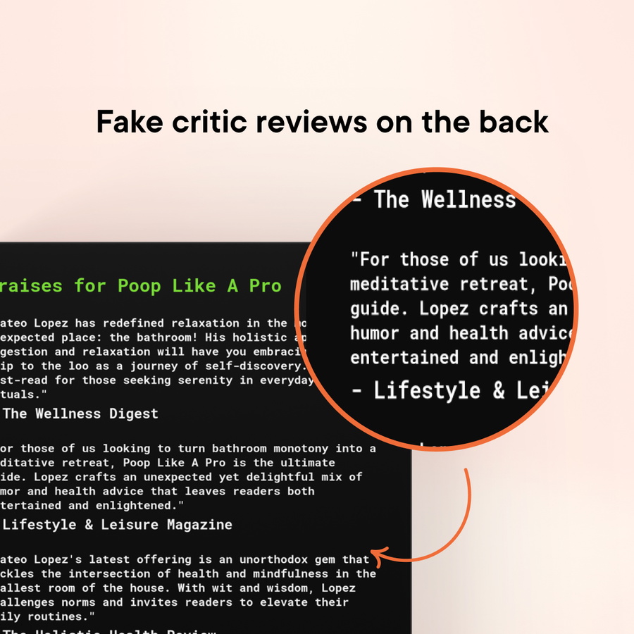 The book contains raving made-up reviews