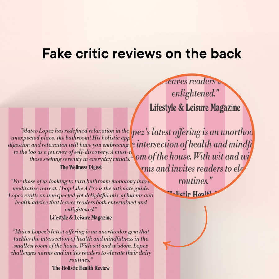The book contains raving made-up reviews