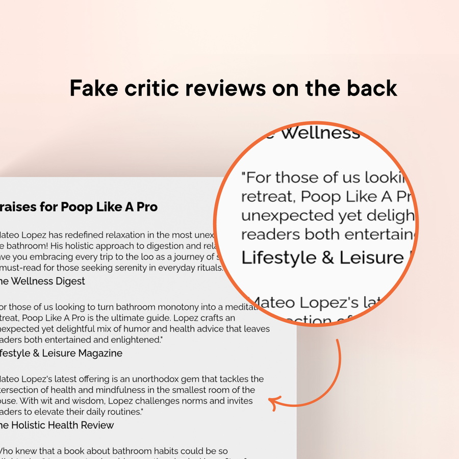 The book contains raving made-up reviews