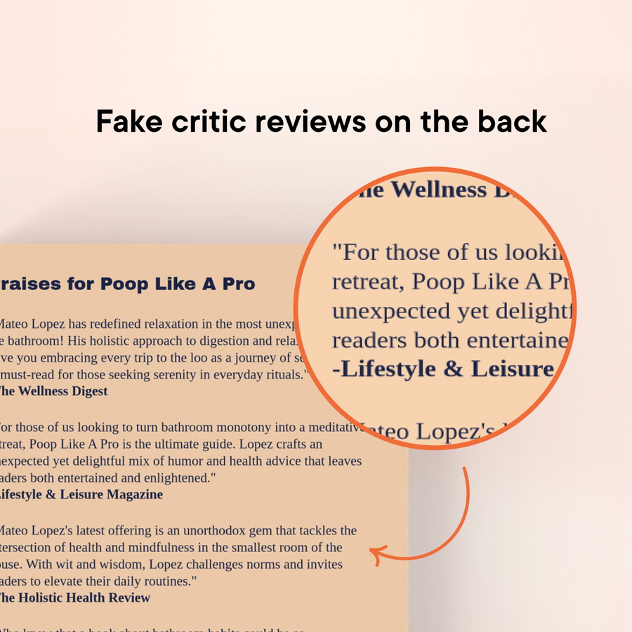 The book contains raving made-up reviews
